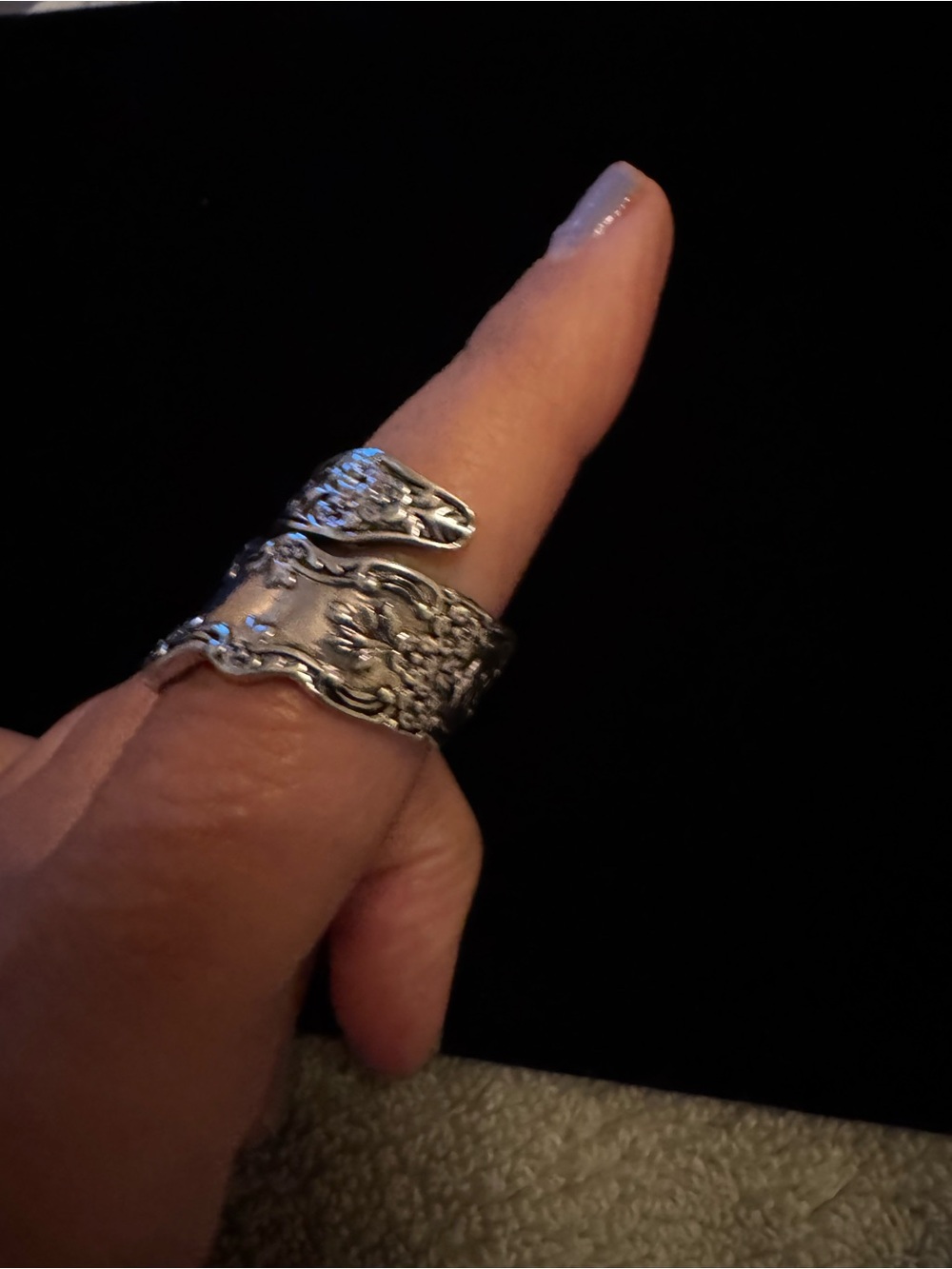 Ornate Silver Spoon Ring - Floral Scroll Design